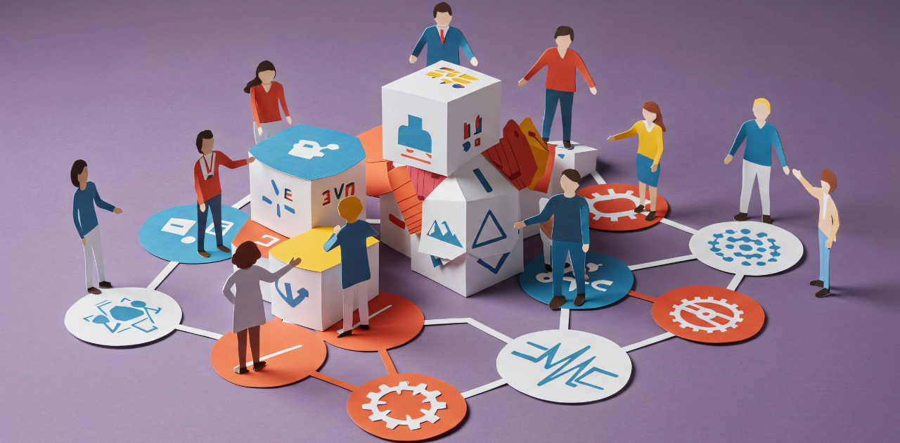 Illustration von Personen, die gemeinsam an vernetzten Elementen arbeiten – sinnbildlich für das Innovationsprogramm für Geschäftsmodelle und Pionierlösungen.