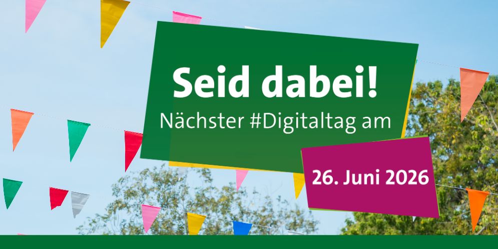 Im Hintergrund Wimpelketten, davor Textfelder mit Hinweisen auf den Digitaltag 2026